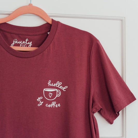 'Fuelled by coffee' organic cotton t-shirt (end of season colours)