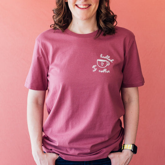 'Fuelled by coffee' organic cotton t-shirt (end of season colours)