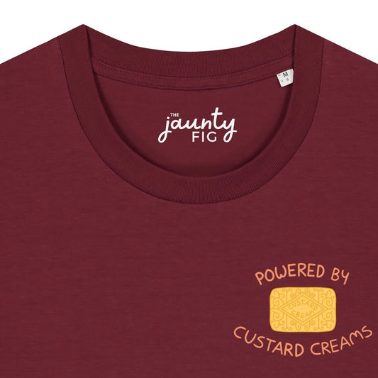 'Powered by custard creams' organic cotton t-shirt (sale)